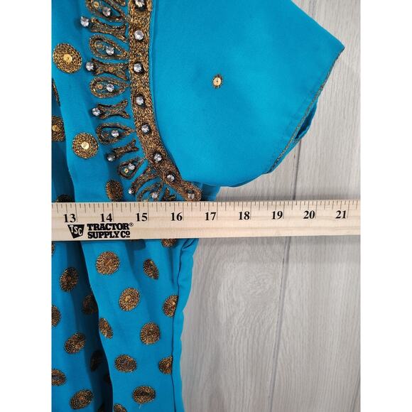 Indian Blue Sequin Jeweled Gold XL Embroidered Tunic Top Turquoise Ornate Saree - Picture 8 of 8